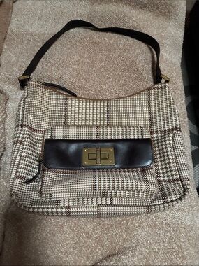 Lauren Ralph Lauren Brown and Cream Plaid Shoulder Bag with Gold-Tone Hardware